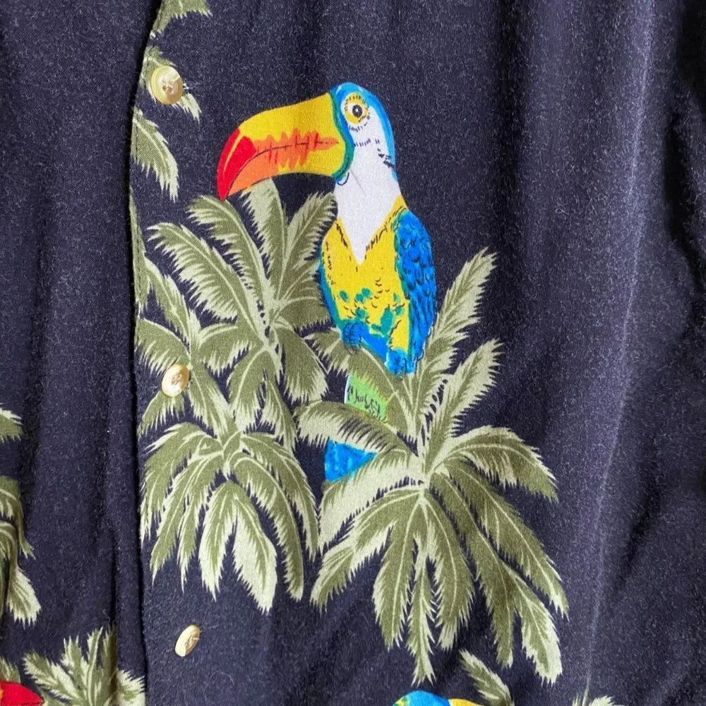 Vtg Thums Up for Him Navy Blue Toucan Parrot Hawaiian‎ Cruise Shirt Men Large